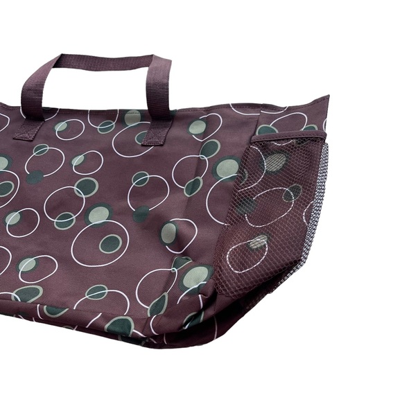 Square Brown Green White Polka Dots Handles Pockets Canvas Medium Sized Tote Bag - Picture 9 of 11